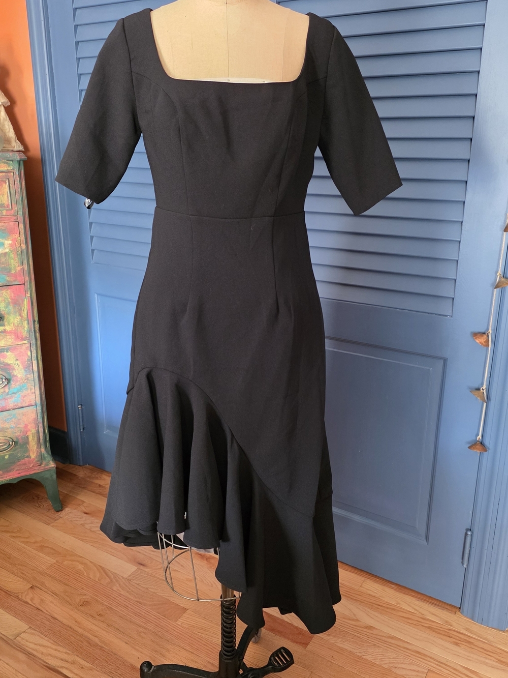 Mac Duggal Black Square-Neck Asymmetrical Flounce Dress